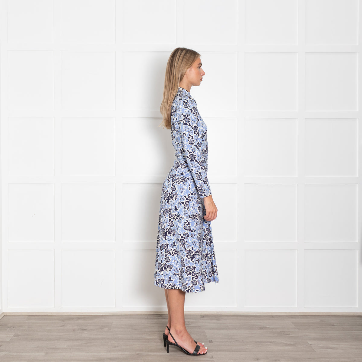 Me + Em Navy White Light Blue Floral Jersey Maxi Dress