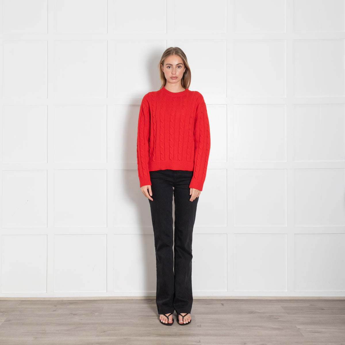 &Daughter Red Cable Knit Wool Crewneck Jumper
