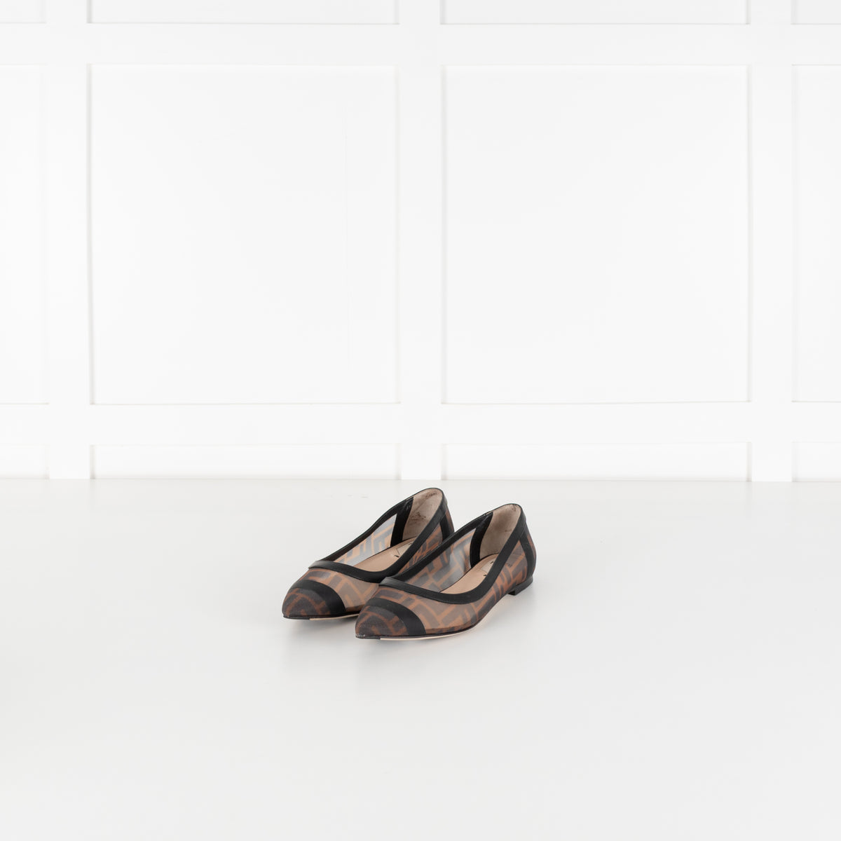 Fendi Brown Black Zucca Mesh Leather Flat Pumps
