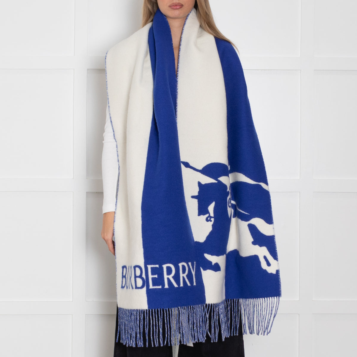 Burberry  Blue White EKD Cashmere Blend Scarf