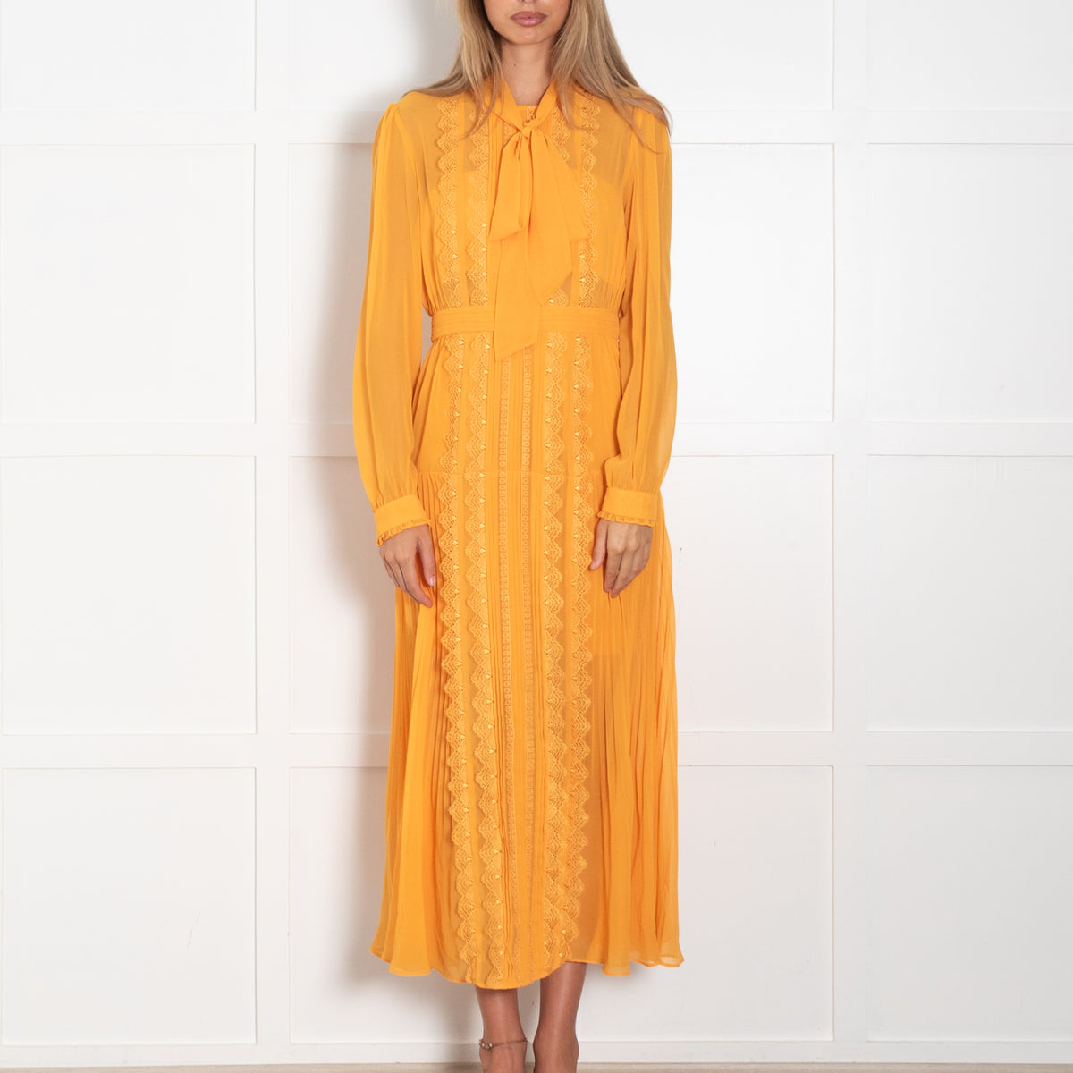 Self-Portrait Orange Lace And Pleated Detail Midi Dress