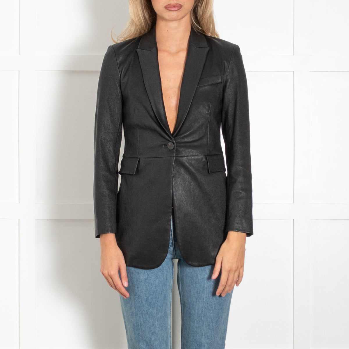 Theory Black Leather Single Breasted Fitted Jacket