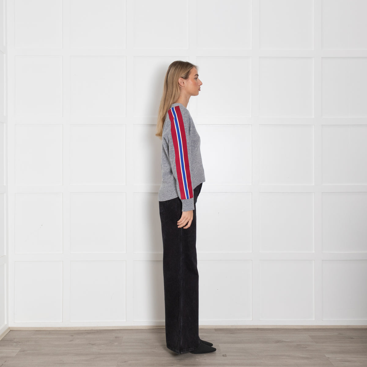 Sandro Grey Red Stripe Sleeve V-Neck Sweater