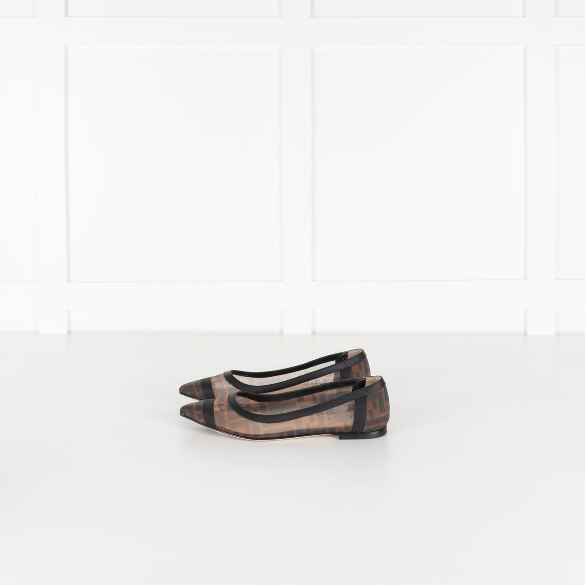 Fendi Brown Black Zucca Mesh Leather Flat Pumps