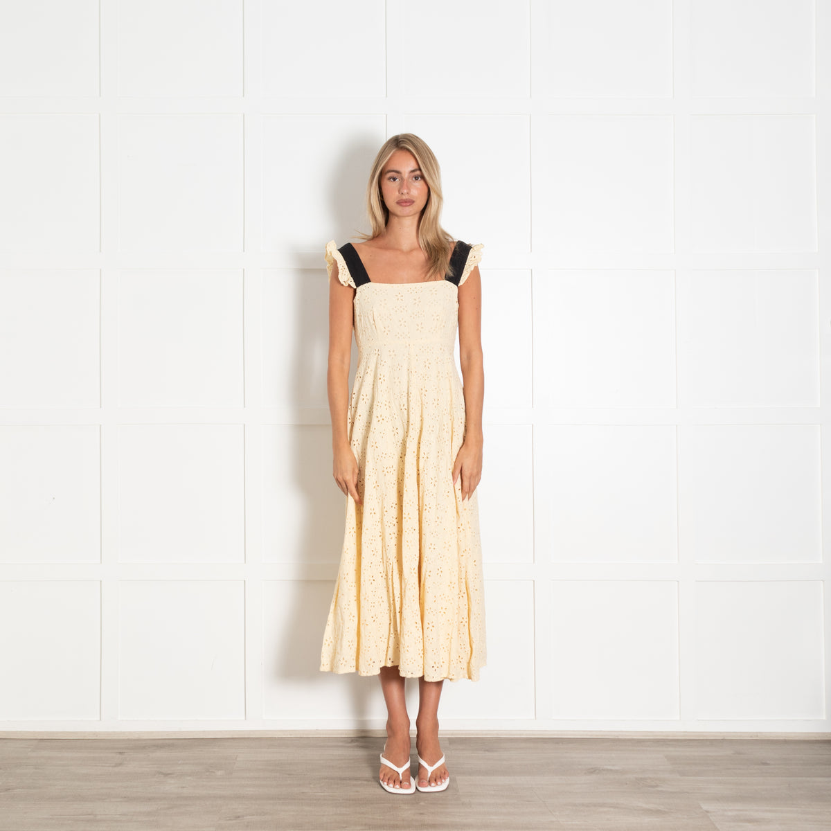Ghost Pale Yellow Broderie Anglaise Midi Dress