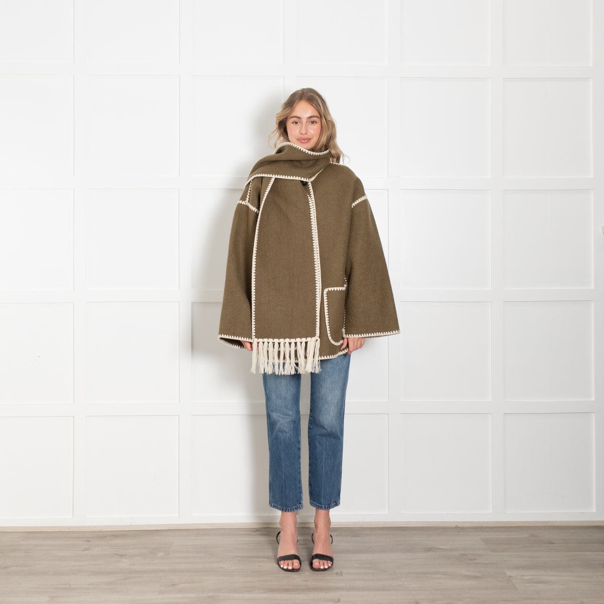 Toteme Green Scarf Neck Fringed Wool-Blend Jacket