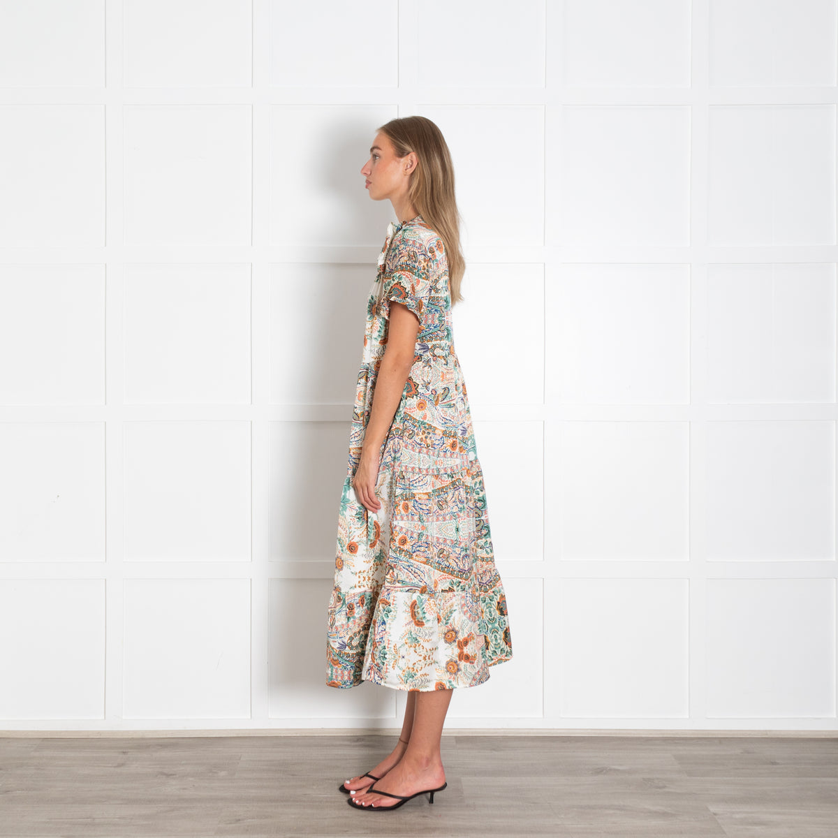 Lolly's Laundry Green And Orange Floral V Neck Ruffled Maxi Dress
