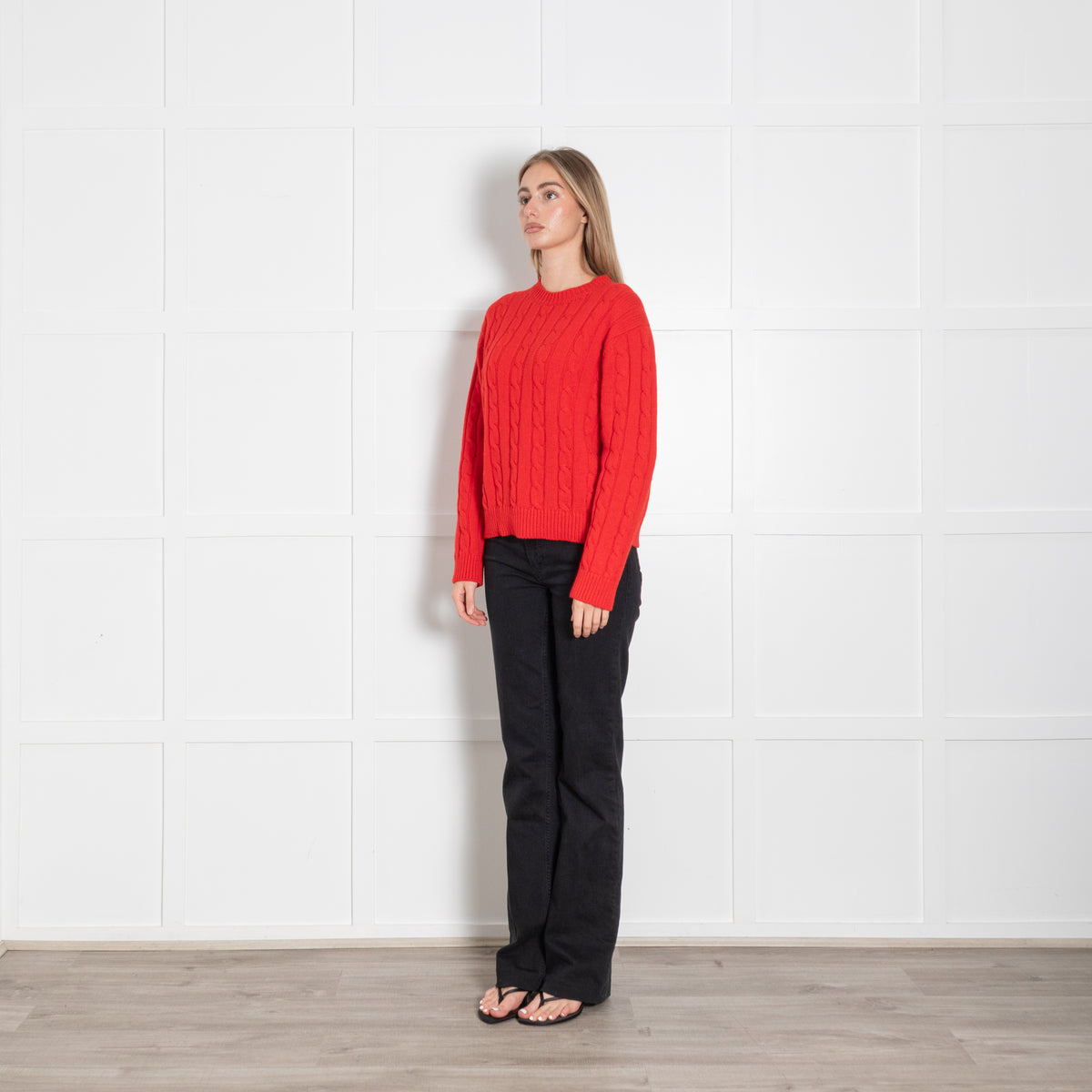 &Daughter Red Cable Knit Wool Crewneck Jumper