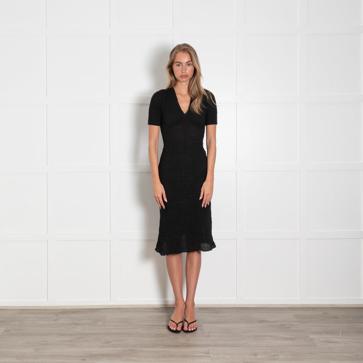 Masscob Black Shirred Short Sleeve Midi Caviar Dress