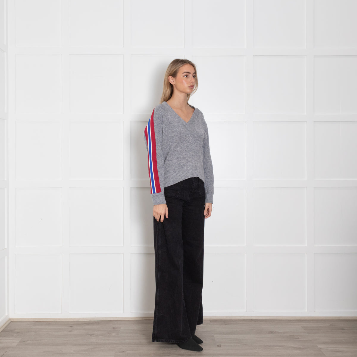 Sandro Grey Red Stripe Sleeve V-Neck Sweater