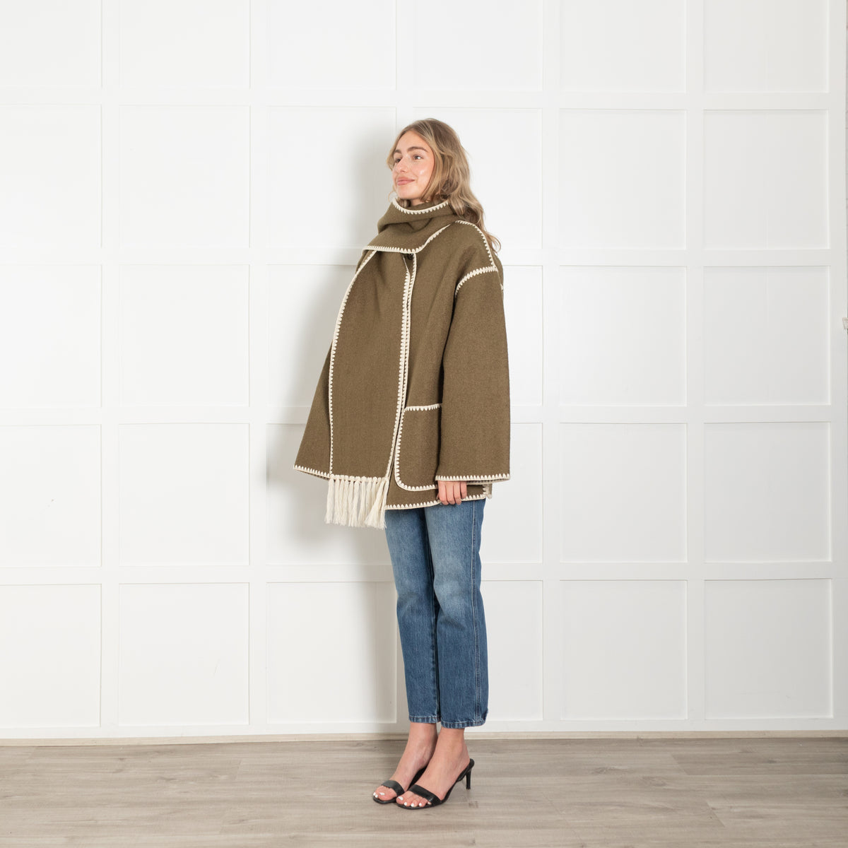 Toteme Green Scarf Neck Fringed Wool-Blend Jacket