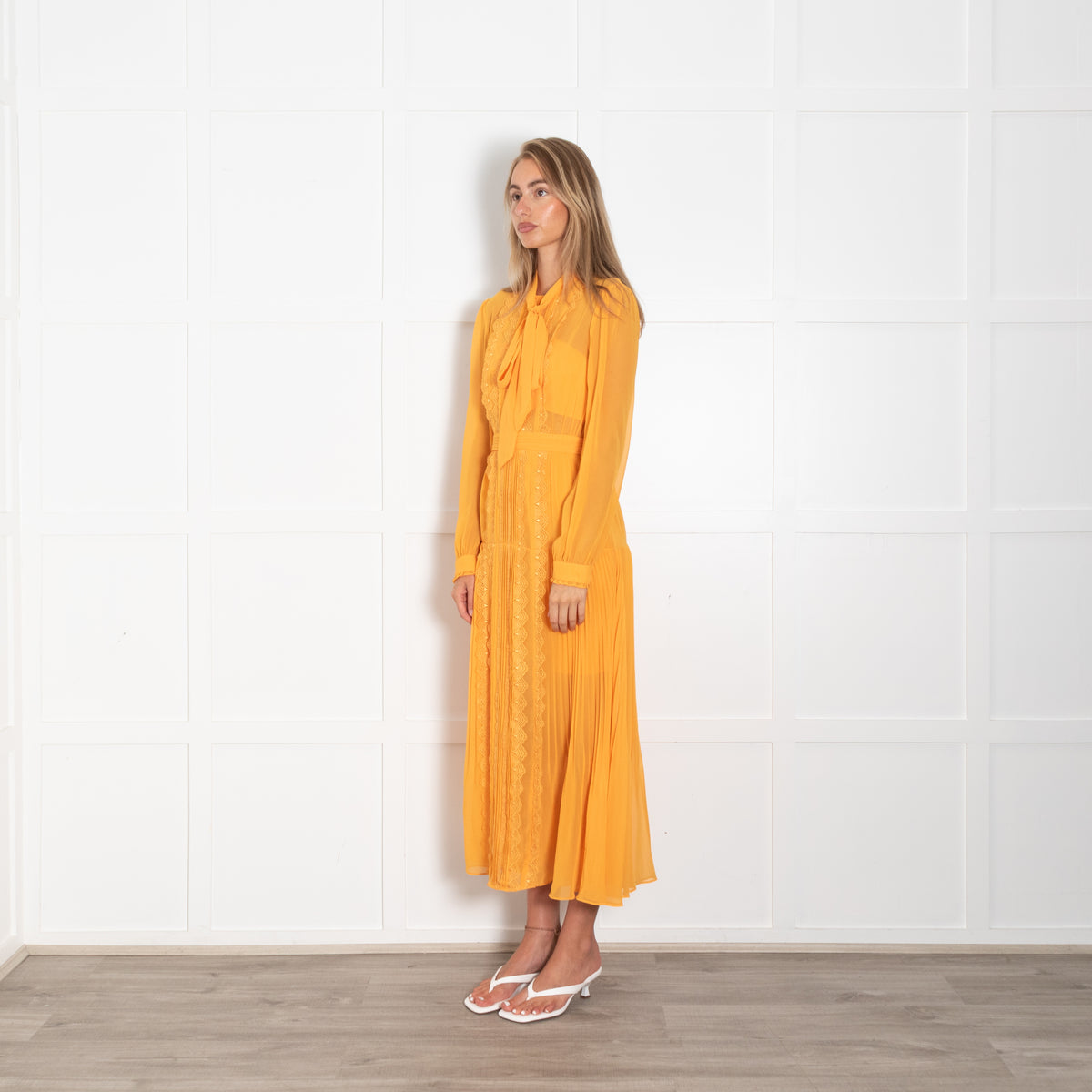 Self-Portrait Orange Lace And Pleated Detail Midi Dress