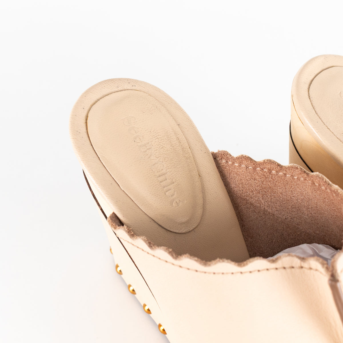See by Chloé Nude Leather Wedges with Gold Studs