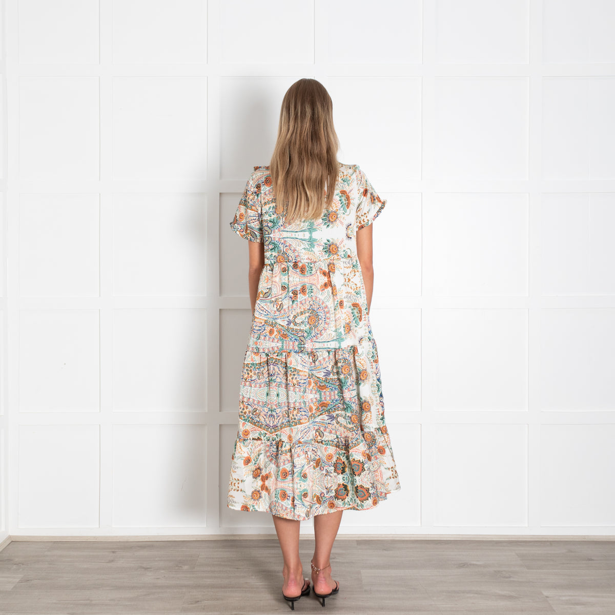 Lolly's Laundry Green And Orange Floral V Neck Ruffled Maxi Dress