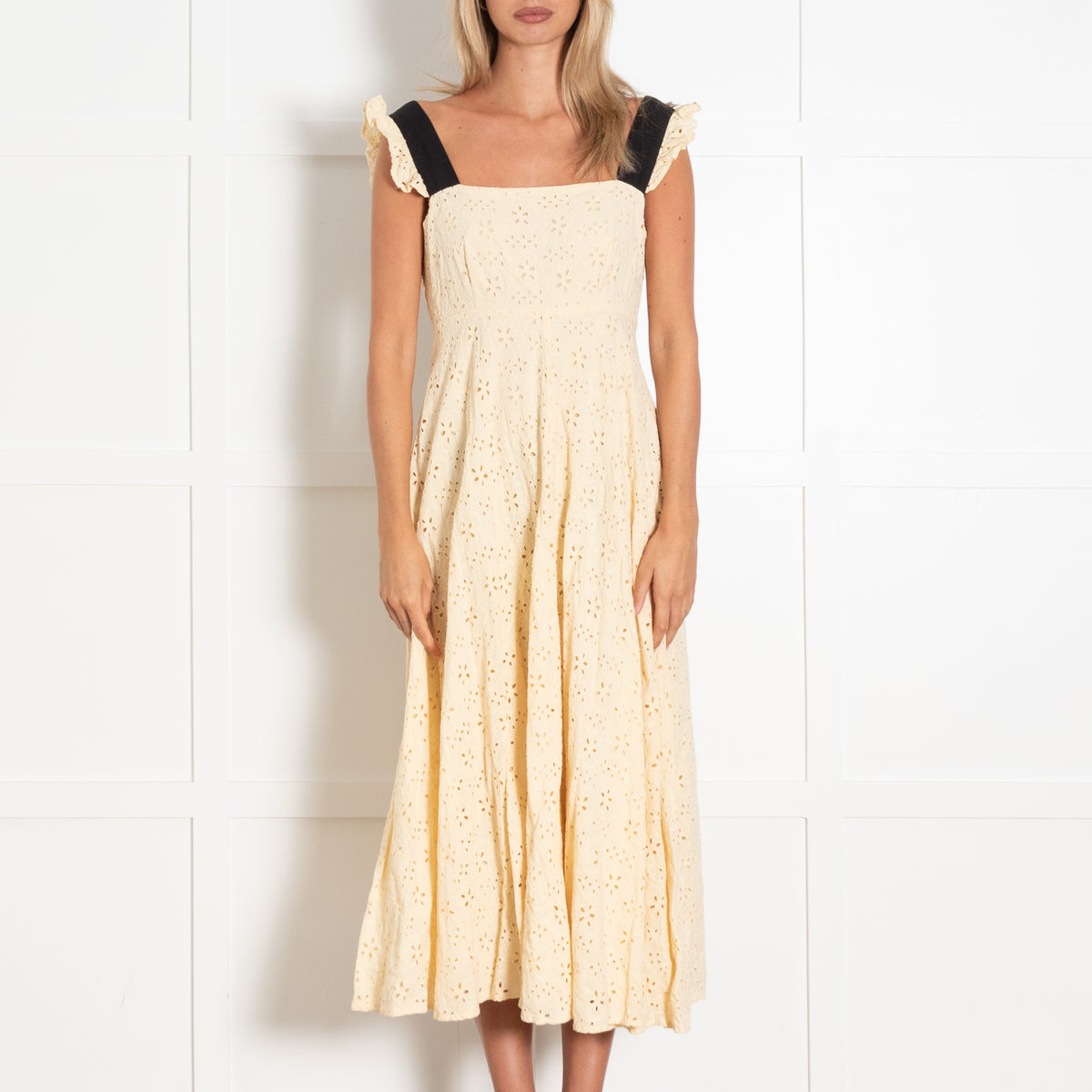 Ghost Pale Yellow Broderie Anglaise Midi Dress