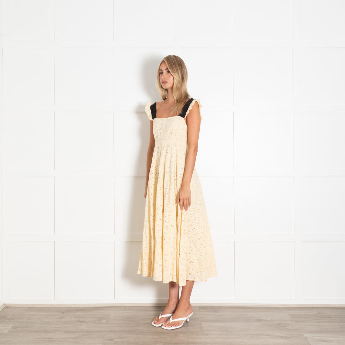 Ghost Pale Yellow Broderie Anglaise Midi Dress