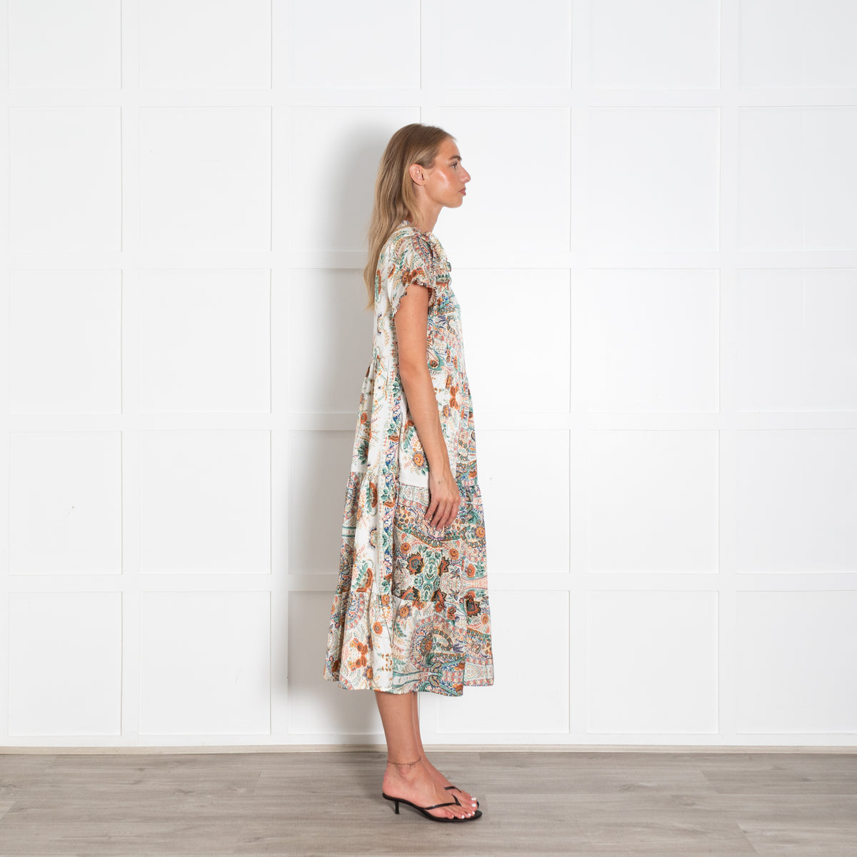 Lolly's Laundry Green And Orange Floral V Neck Ruffled Maxi Dress