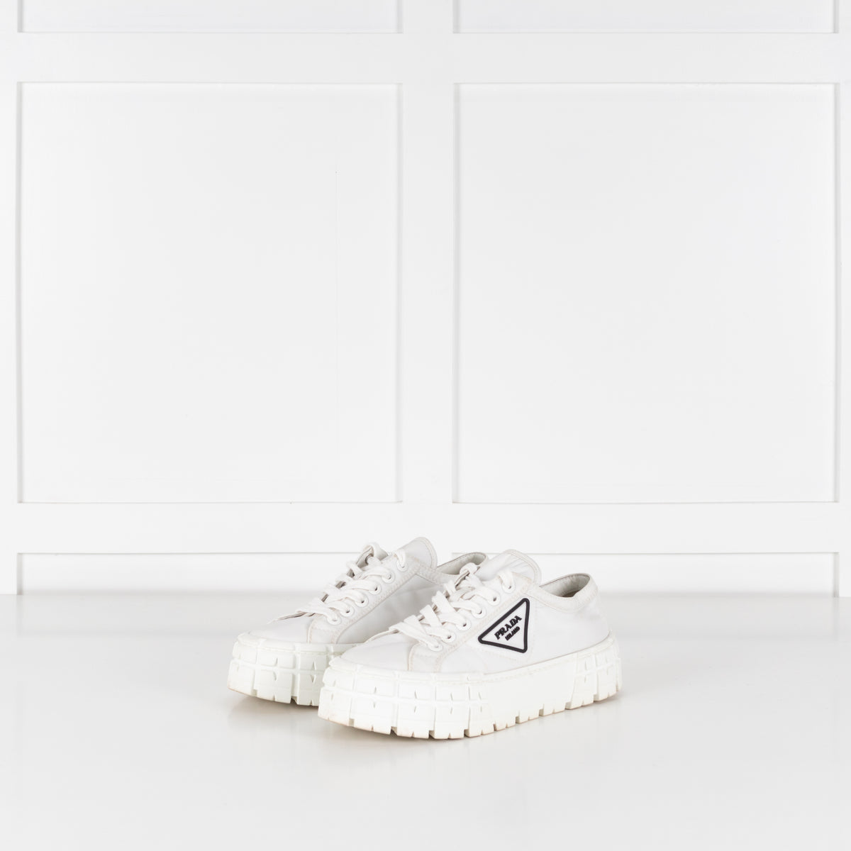 Prada white nylon platform trainers with black rubber logo UK 6.5