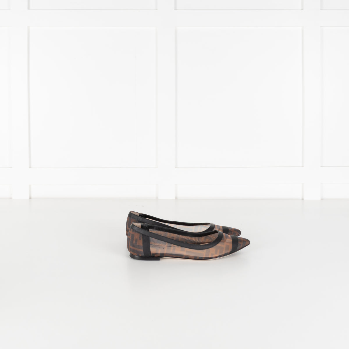 Fendi Brown Black Zucca Mesh Leather Flat Pumps