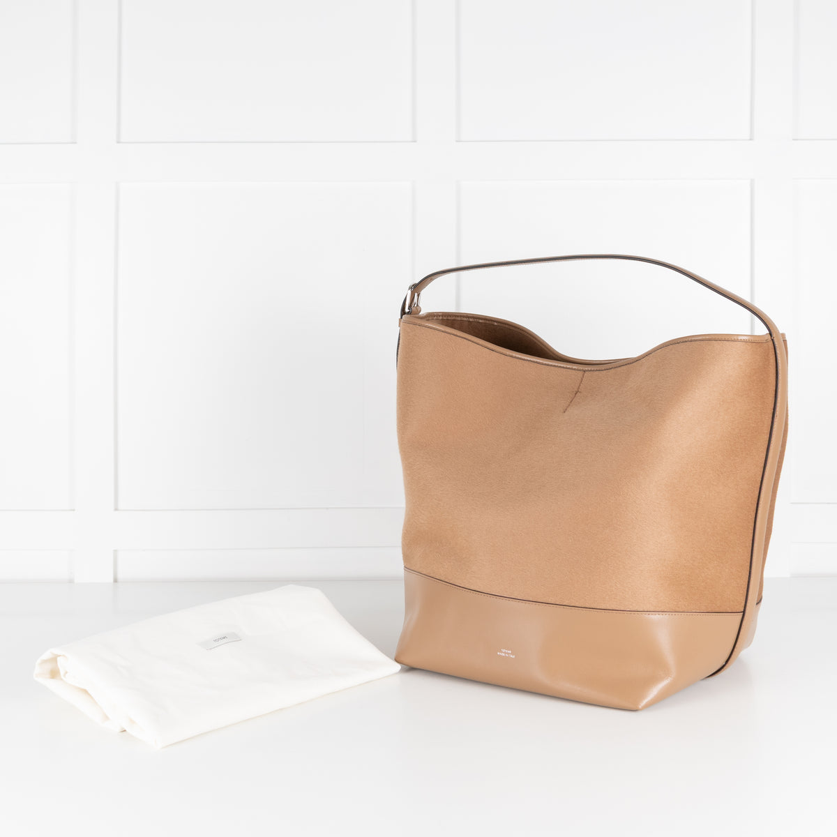Toteme Camel Wool Felted Leather Trim Belted Tote Bag