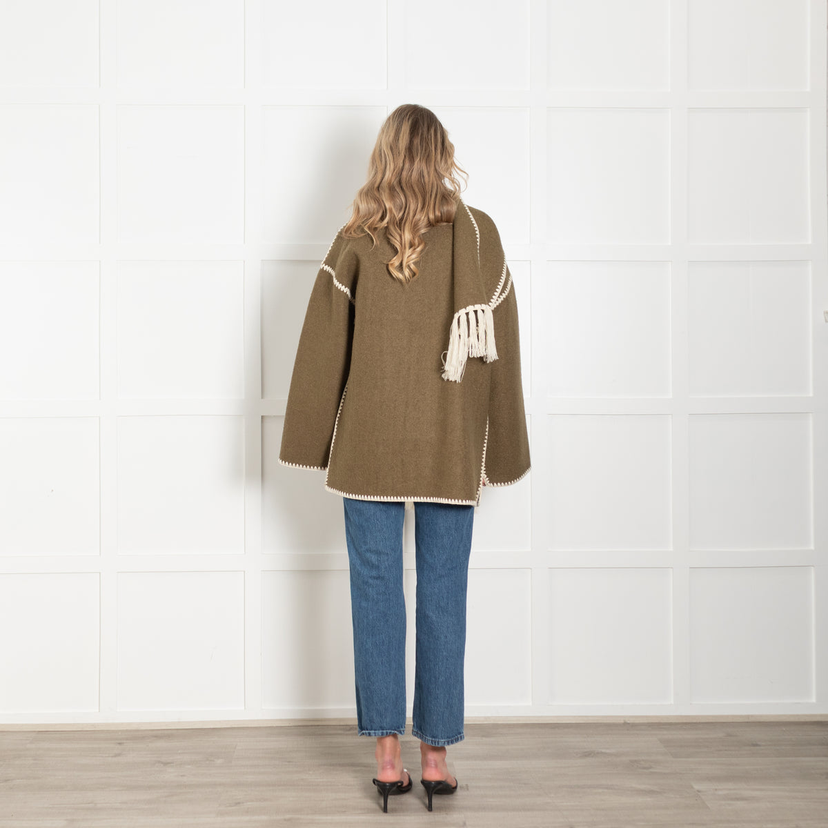 Toteme Green Scarf Neck Fringed Wool-Blend Jacket