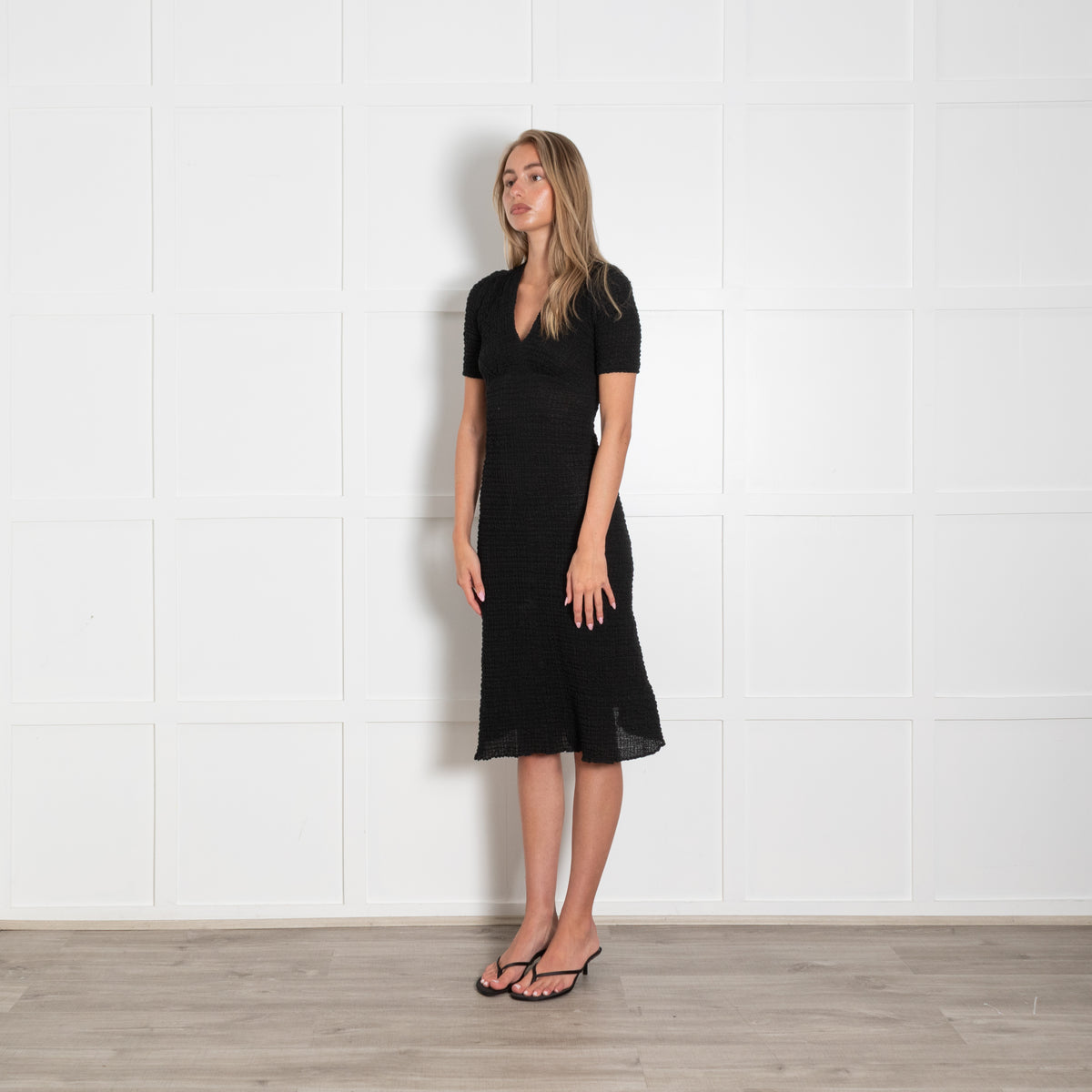 Masscob Black Shirred Short Sleeve Midi Caviar Dress