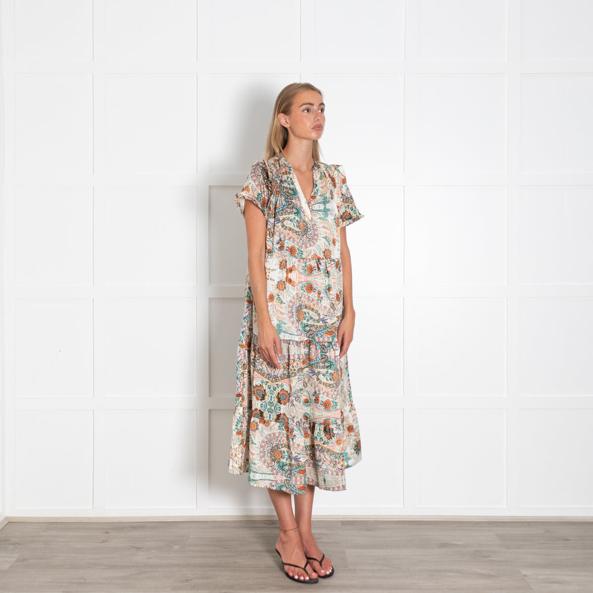 Lolly's Laundry Green And Orange Floral V Neck Ruffled Maxi Dress