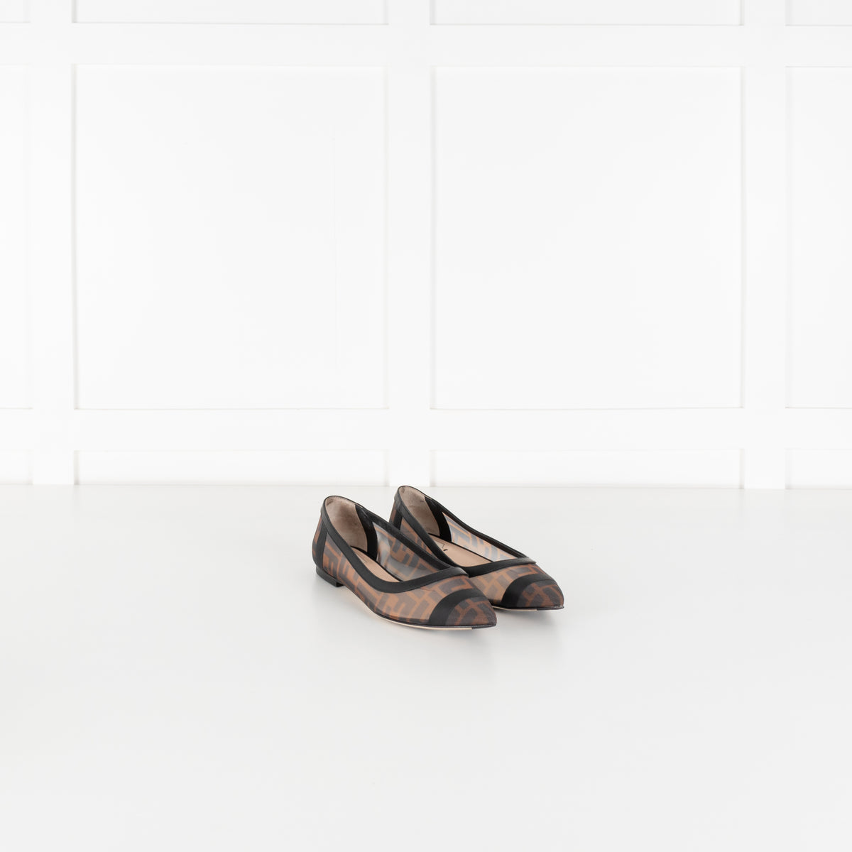 Fendi Brown Black Zucca Mesh Leather Flat Pumps