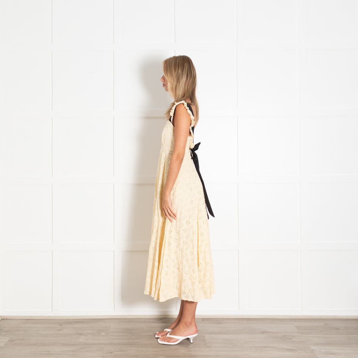Ghost Pale Yellow Broderie Anglaise Midi Dress