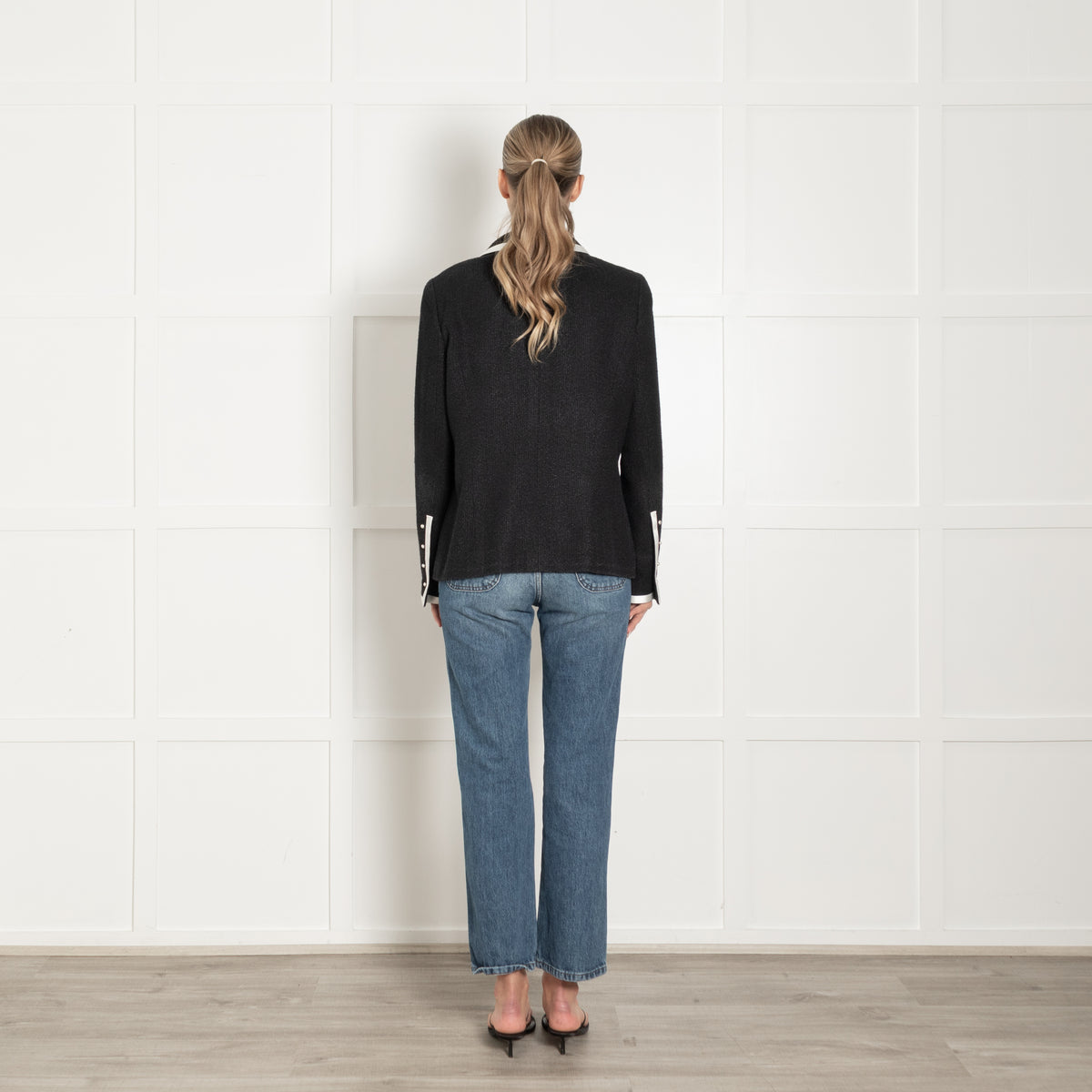 Chanel Black Cream Trim Pearl Button Detail Jacket