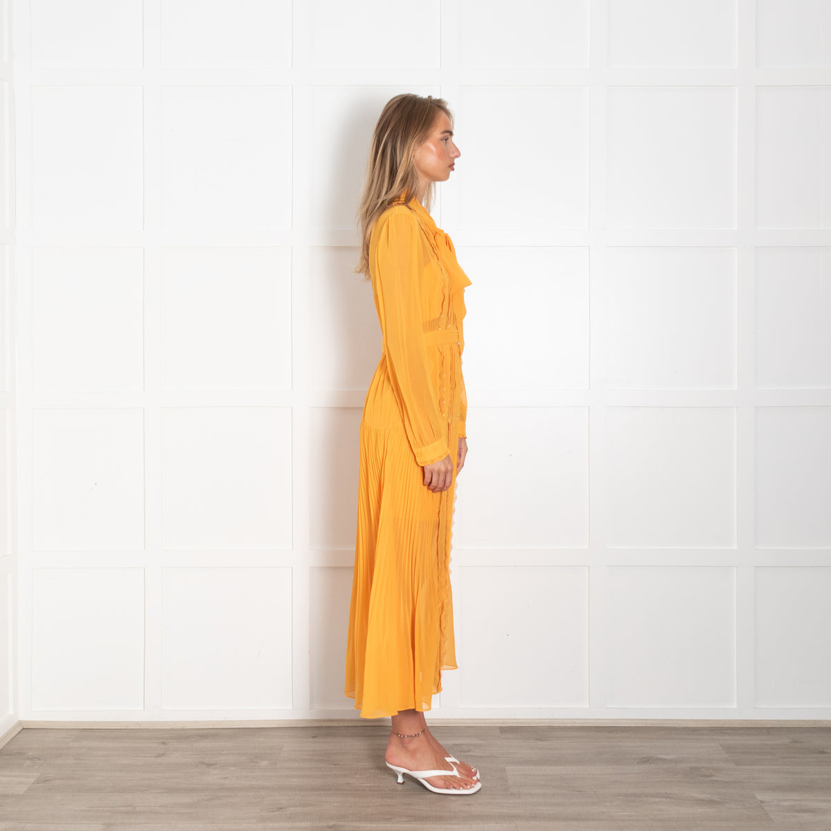 Self-Portrait Orange Lace And Pleated Detail Midi Dress