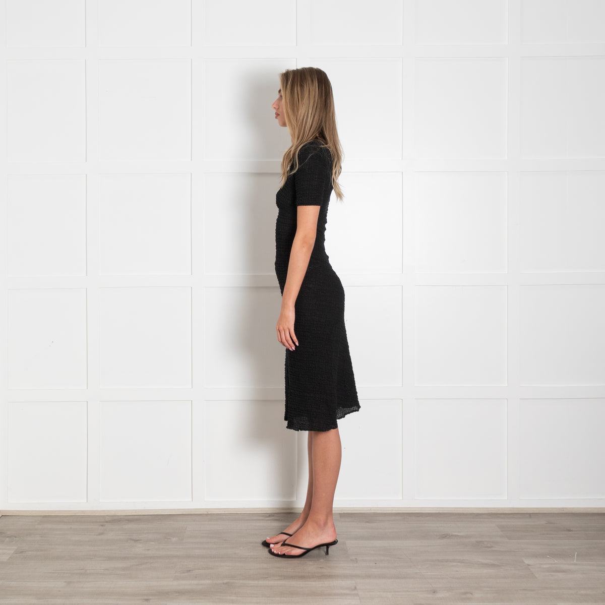 Masscob Black Shirred Short Sleeve Midi Caviar Dress