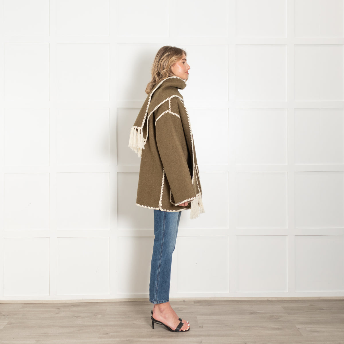 Toteme Green Scarf Neck Fringed Wool-Blend Jacket