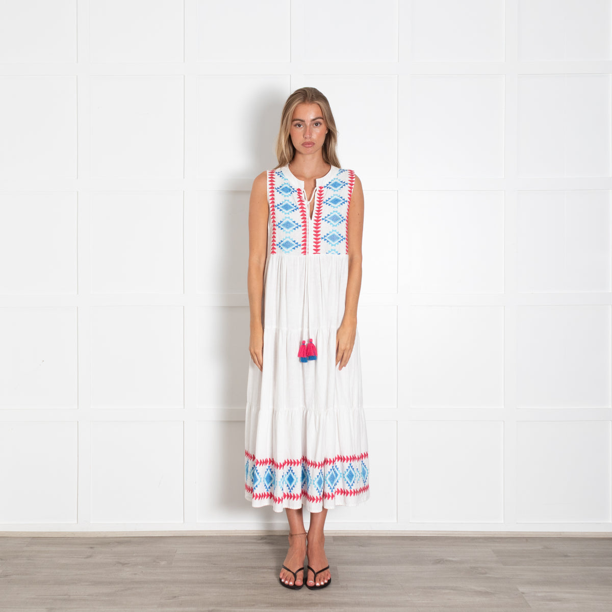 Passager White Dress With Pink And Blue Aztec Embroidery