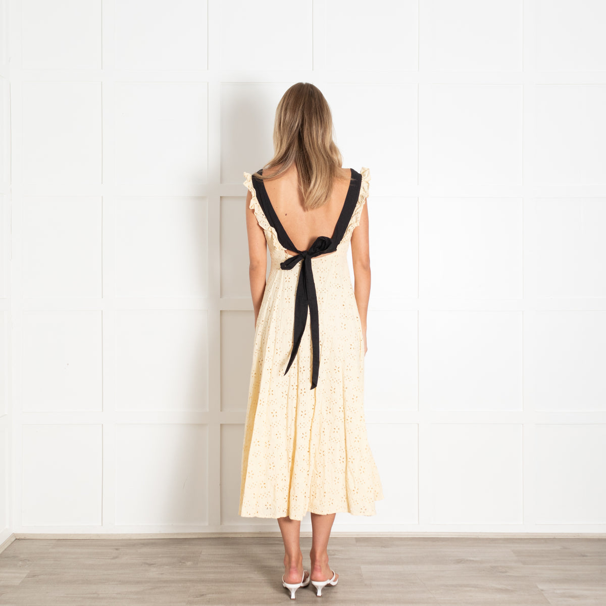 Ghost Pale Yellow Broderie Anglaise Midi Dress