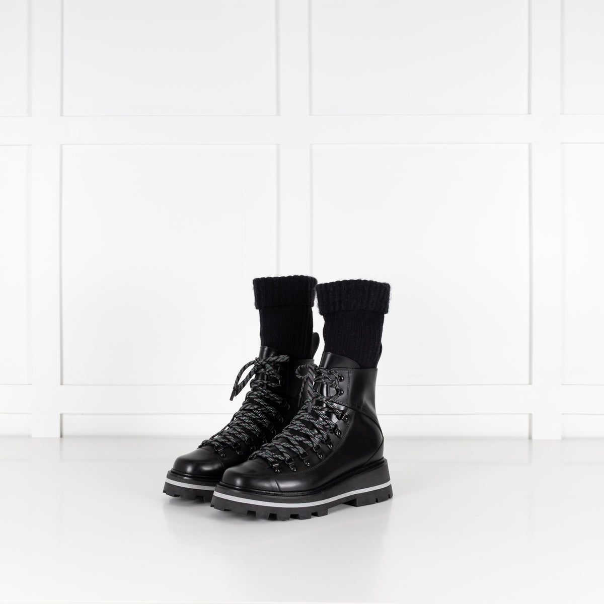 Jimmy Choo Chike Flat Black Leather & Ribbed Knit Boots