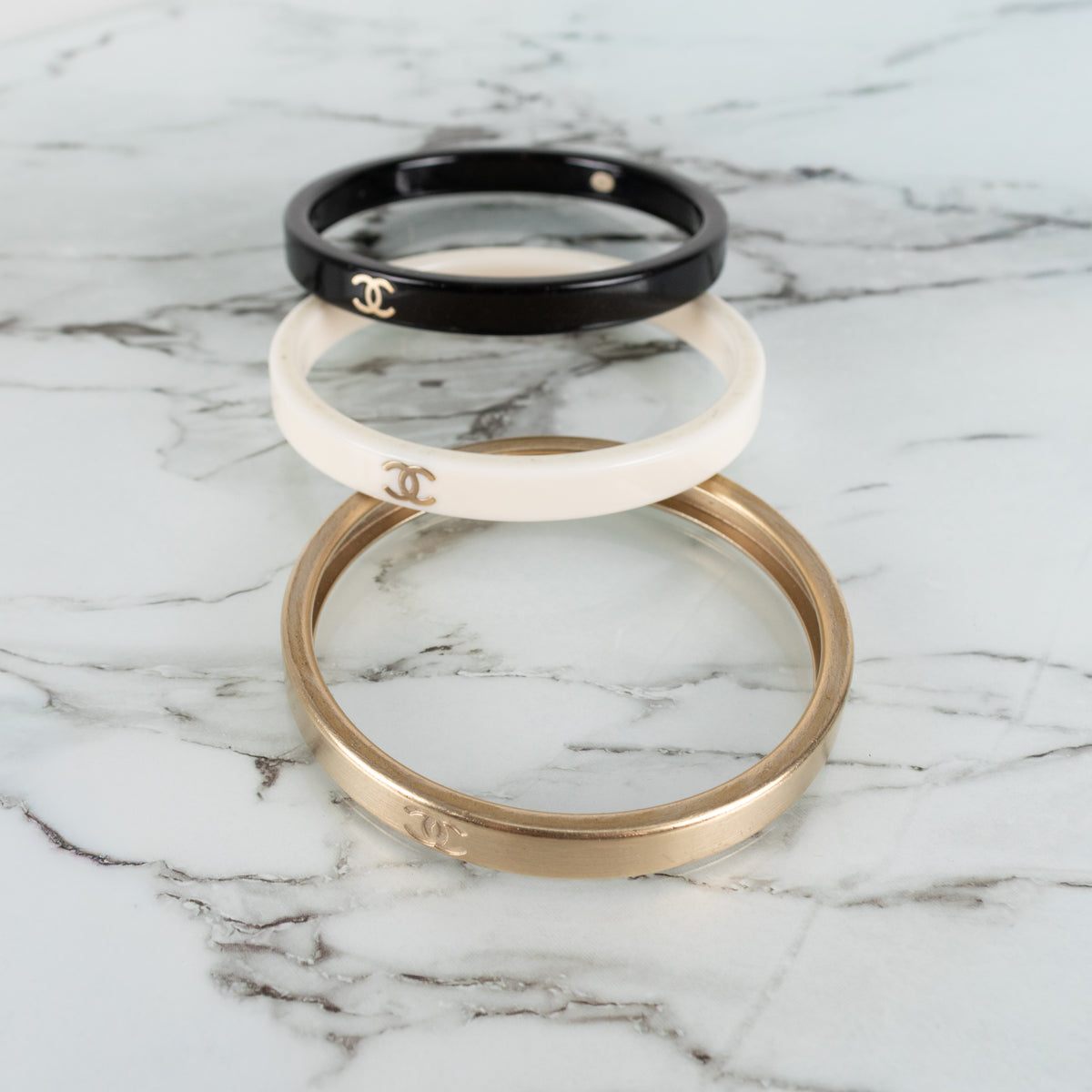 Chanel CC Resin Gold White Black Tone Bangles x3