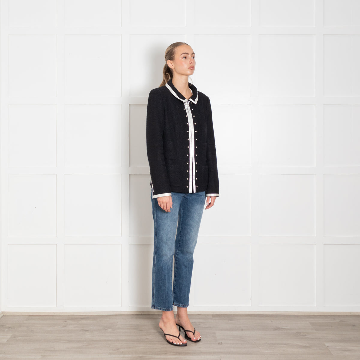 Chanel Black Cream Trim Pearl Button Detail Jacket