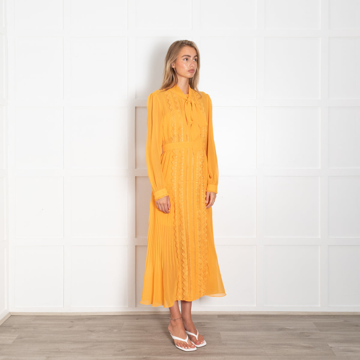 Self-Portrait Orange Lace And Pleated Detail Midi Dress
