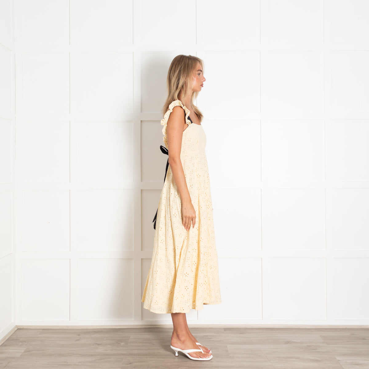 Ghost Pale Yellow Broderie Anglaise Midi Dress