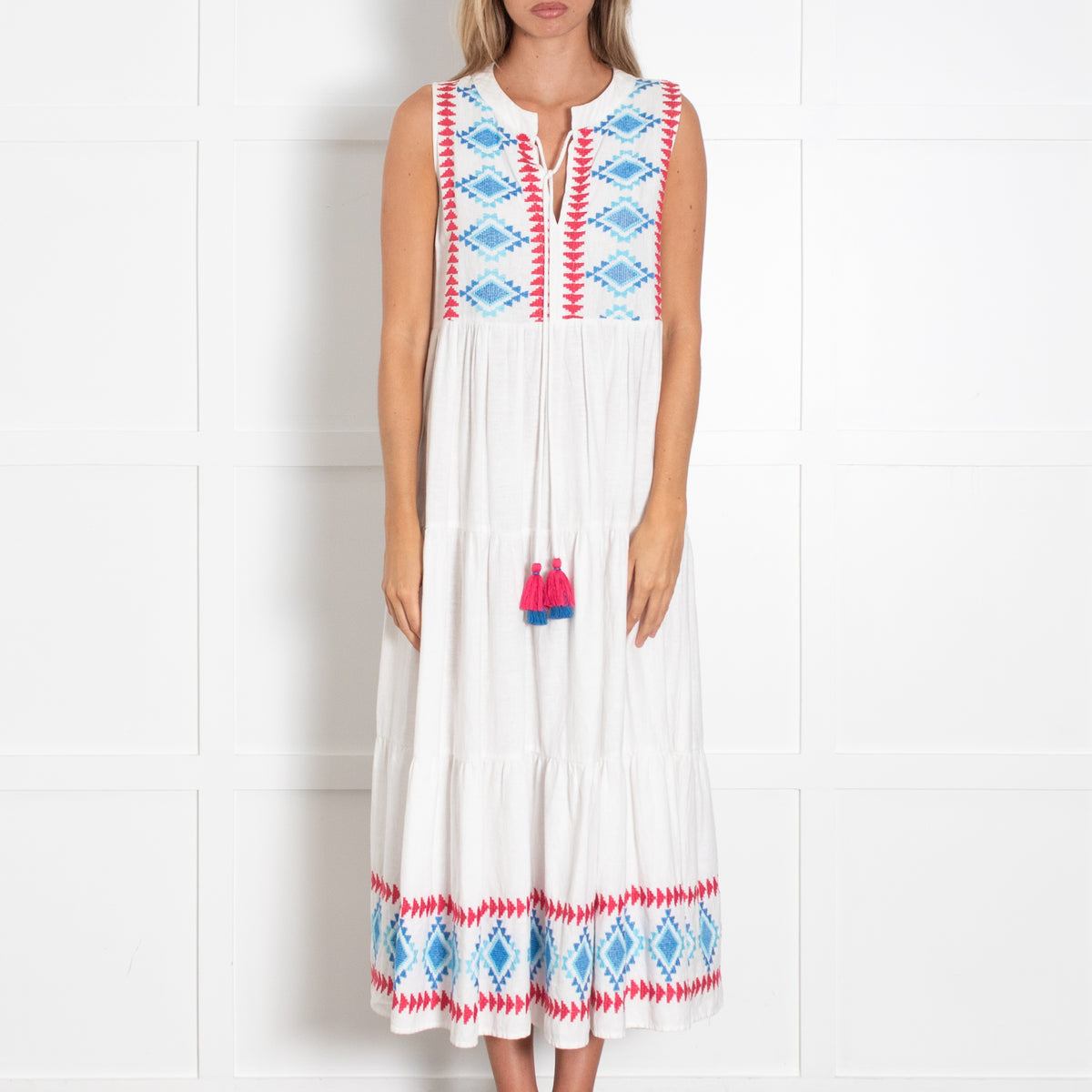 Passager White Dress With Pink And Blue Aztec Embroidery