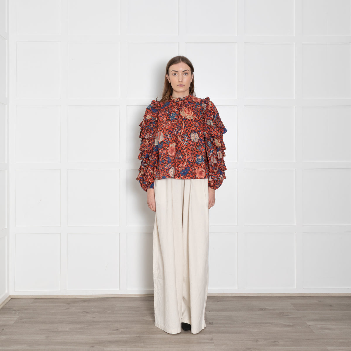 Ulla Johnson Orange, Blue, Beige,  Black Floral Blouse & Ruffled Sleeves