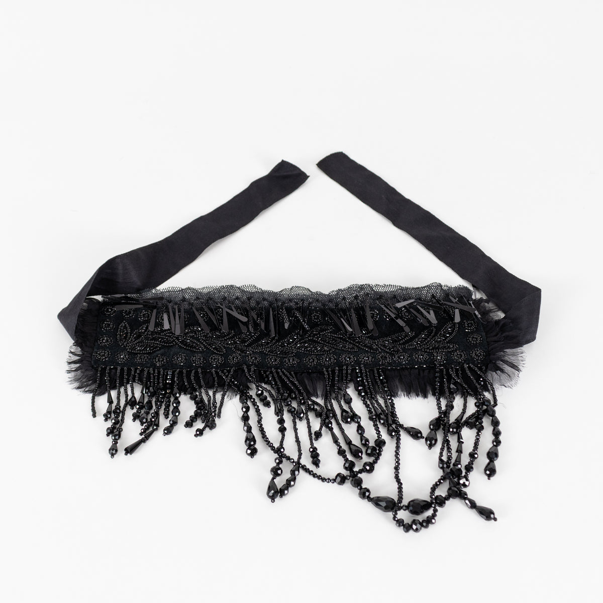 Dries Van Noten Black Beaded Necklace with Ribbon Ties