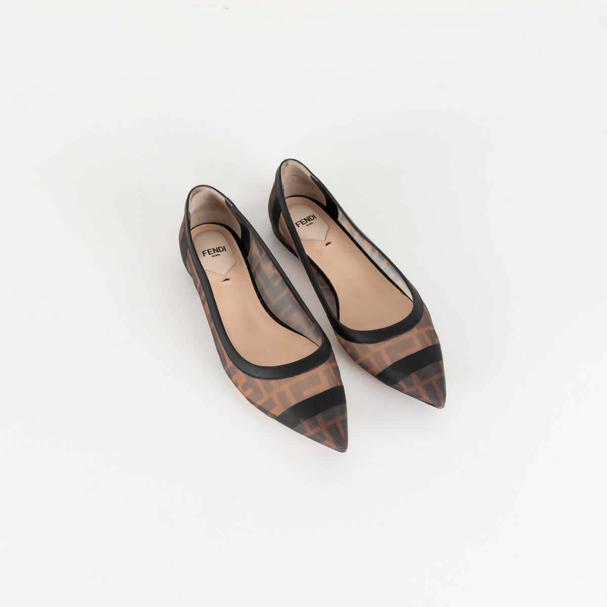 Fendi Brown Black Zucca Mesh Leather Flat Pumps