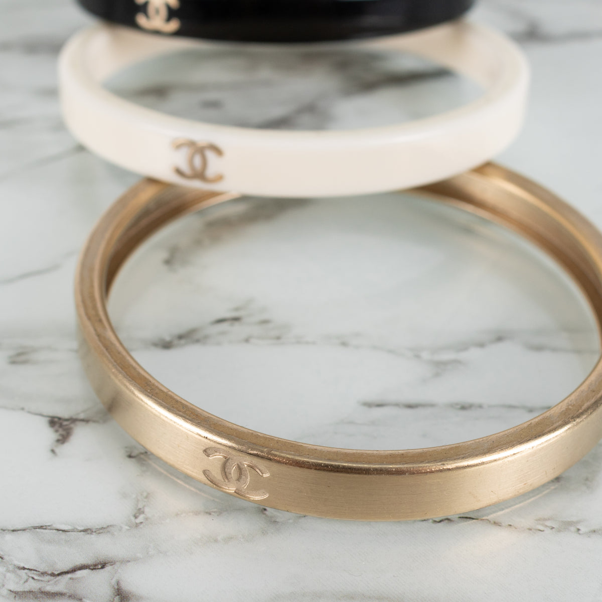 Chanel CC Resin Gold White Black Tone Bangles x3