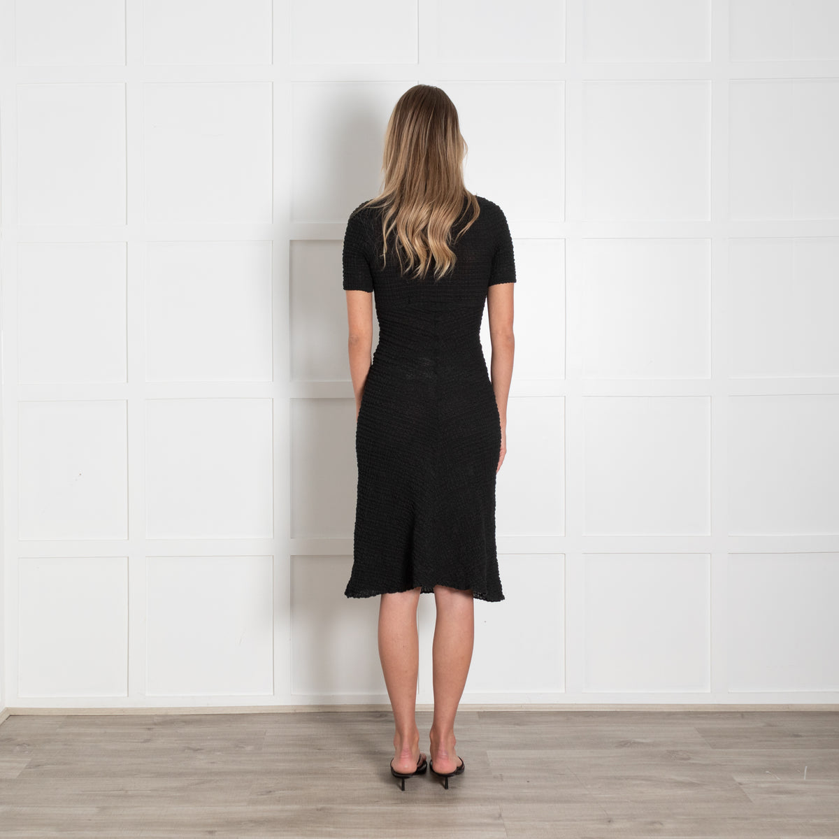 Masscob Black Shirred Short Sleeve Midi Caviar Dress