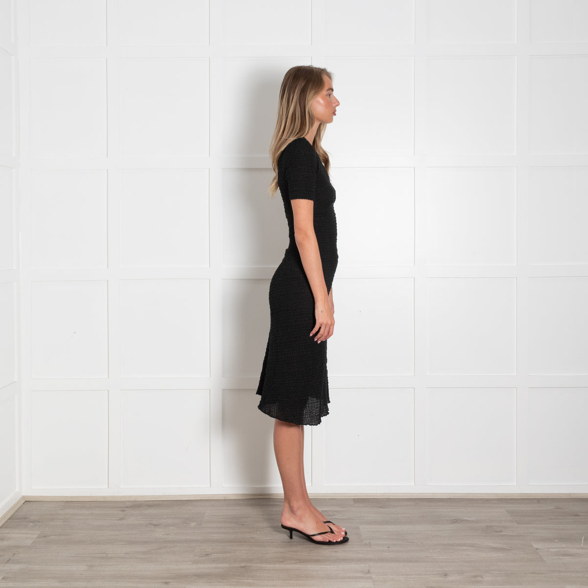 Masscob Black Shirred Short Sleeve Midi Caviar Dress