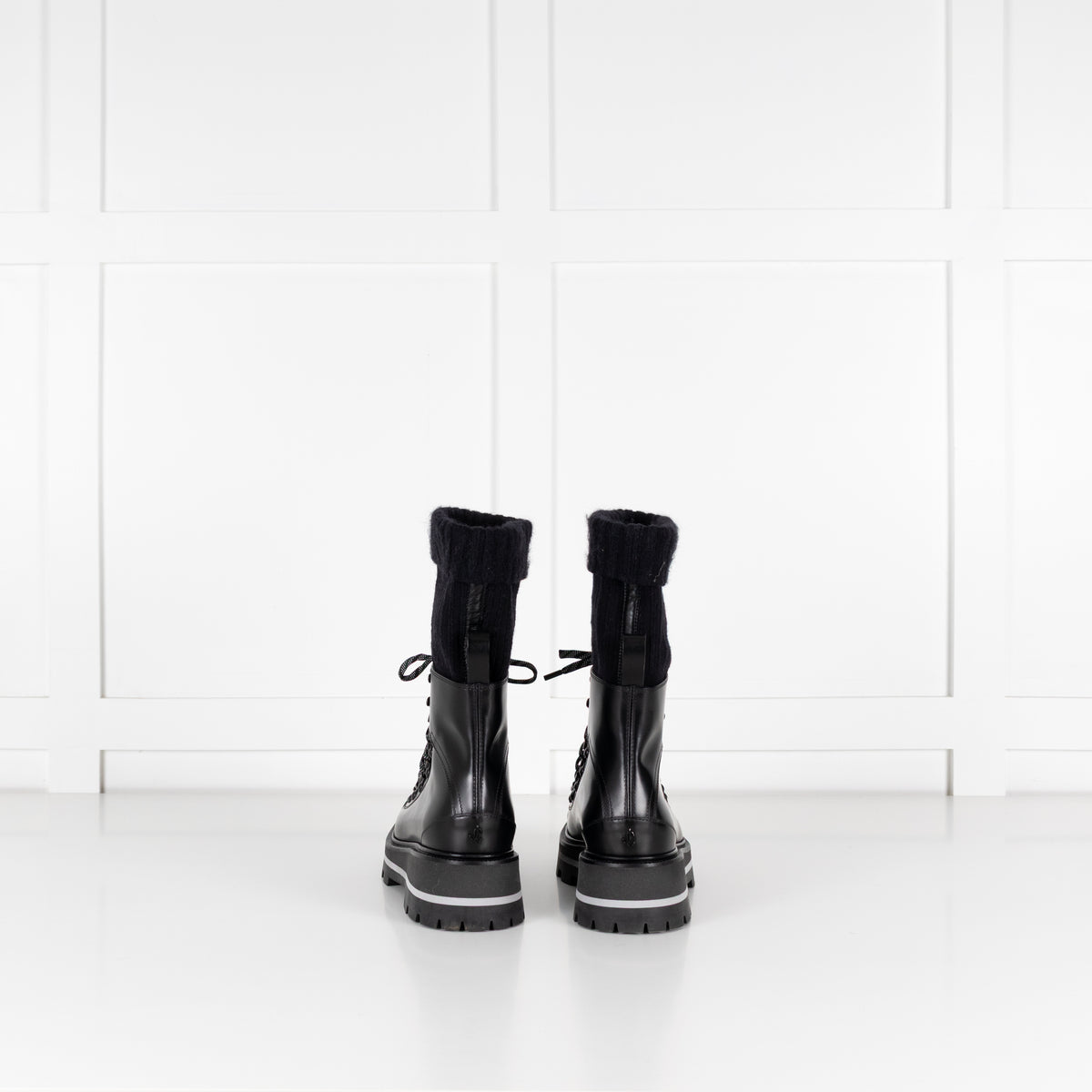 Jimmy Choo Chike Flat Black Leather & Ribbed Knit Boots