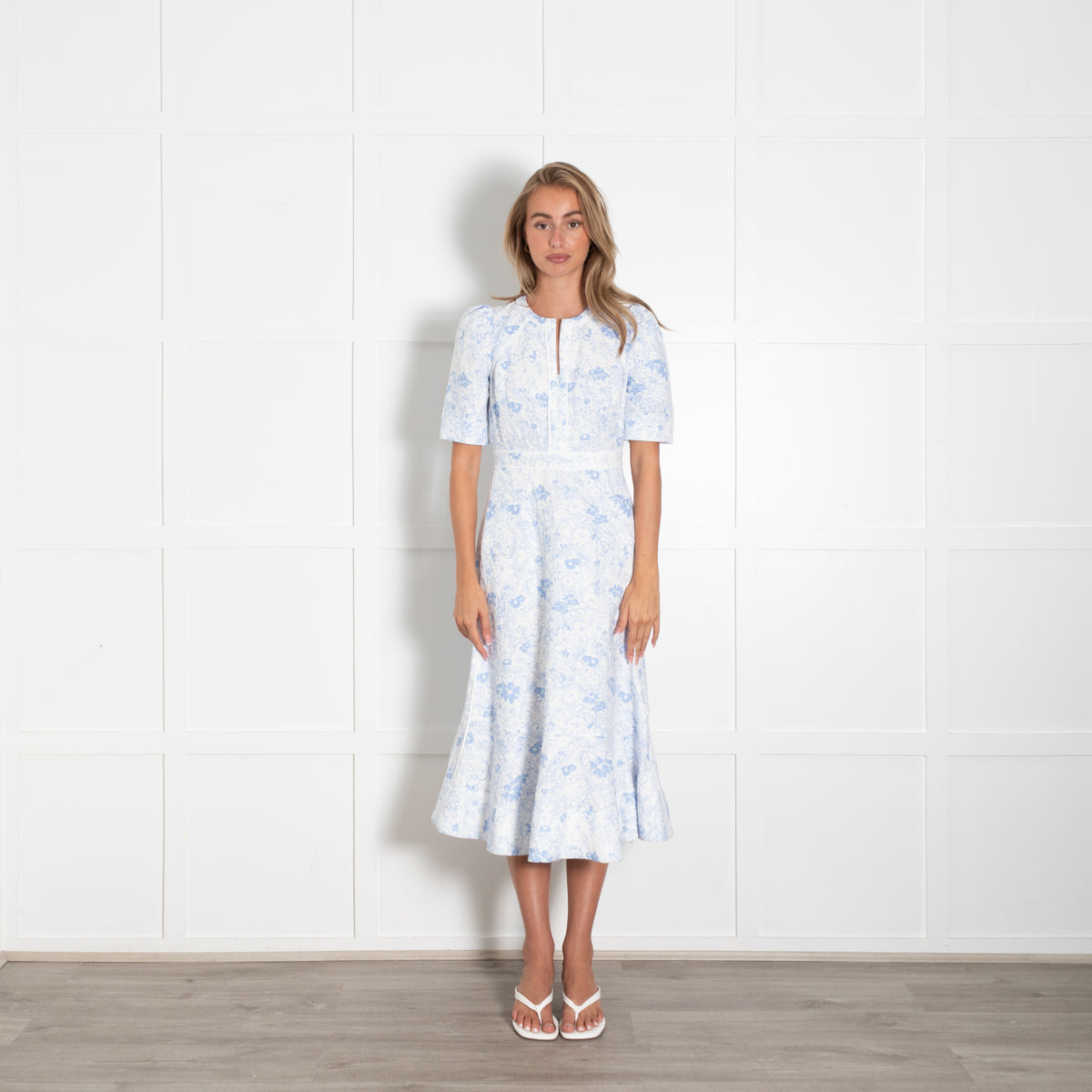 Me + Em White Blue Floral Textured Fabric Cotton Dress