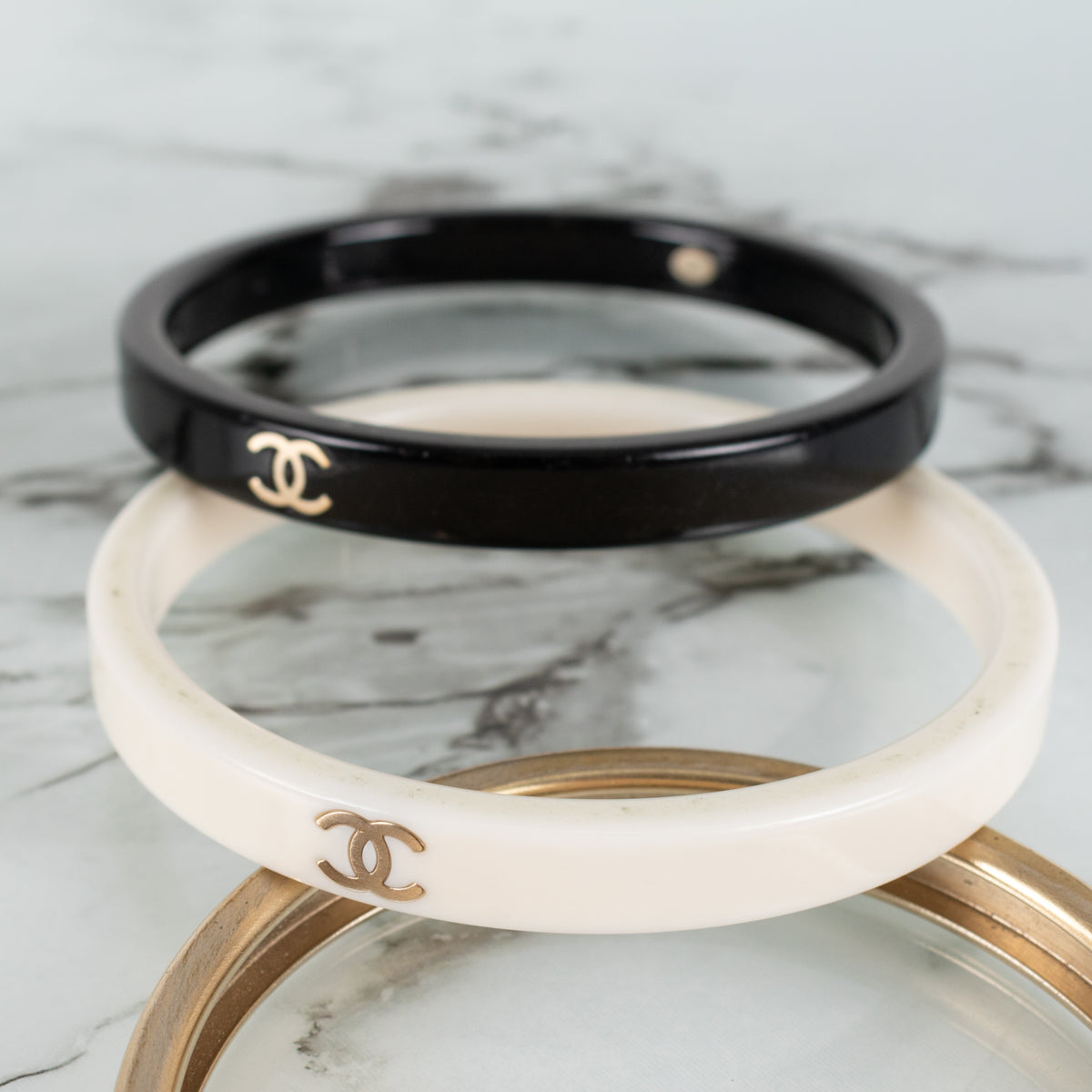 Chanel CC Resin Gold White Black Tone Bangles x3